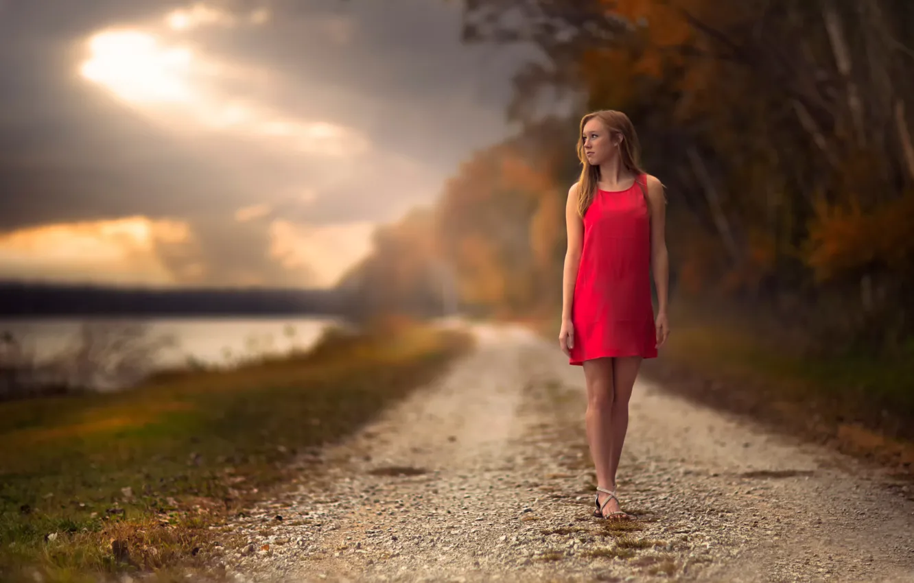 Photo wallpaper road, autumn, girl, dress, bokeh