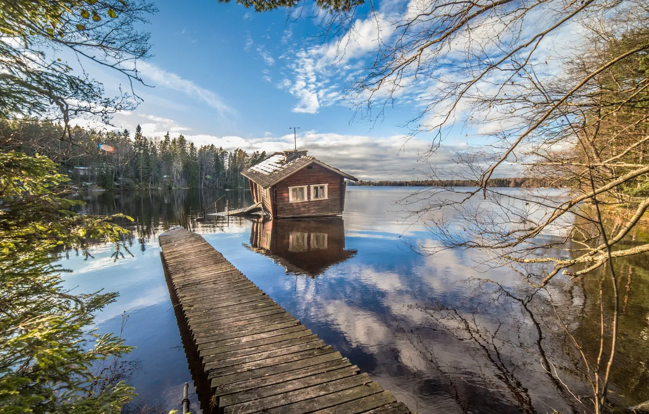 Photo wallpaper forest, lake, house, the bridge, Finland