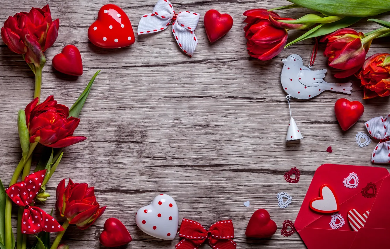 Photo wallpaper tulips, red, love, heart, romantic, tulips, gift, valentine`s day