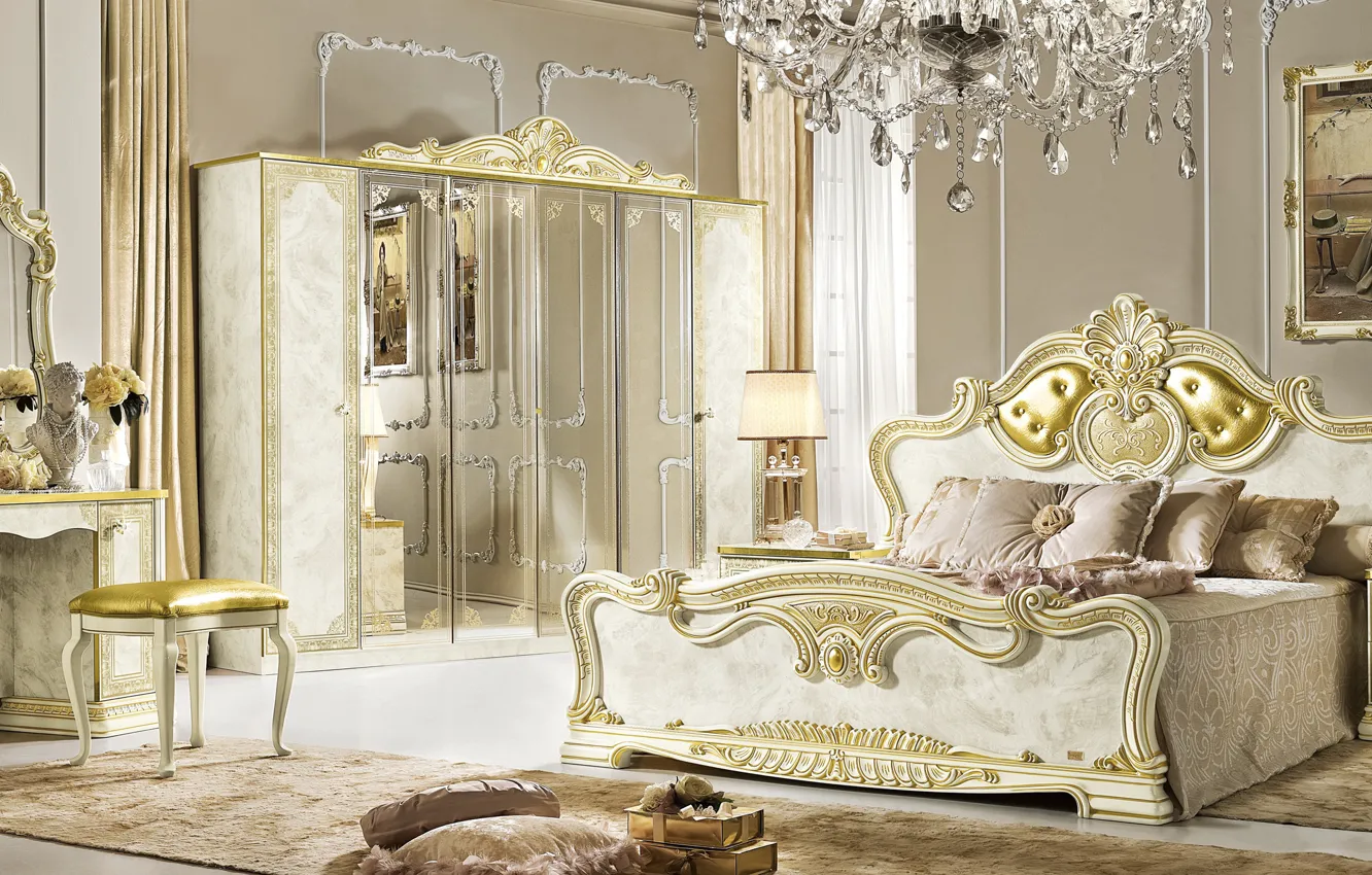 Photo wallpaper furniture, bed, interior, mansion, luxury, bedroom