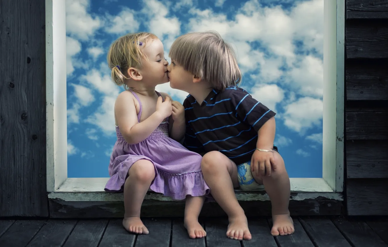 Photo wallpaper the sky, children, creative, Board, kiss, boy, baby, window