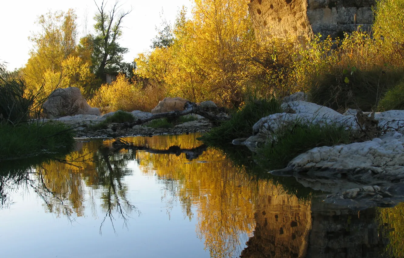 Photo wallpaper autumn, trees, lake, reflection, stones, rocks