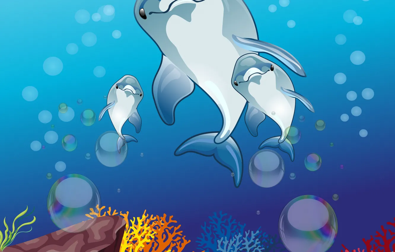 Photo wallpaper dolphins, underwater world, vector graphics