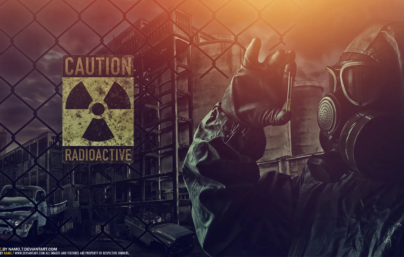 Photo wallpaper machine, night, fear, clothing, the fence, radiation, gas mask, dangerous