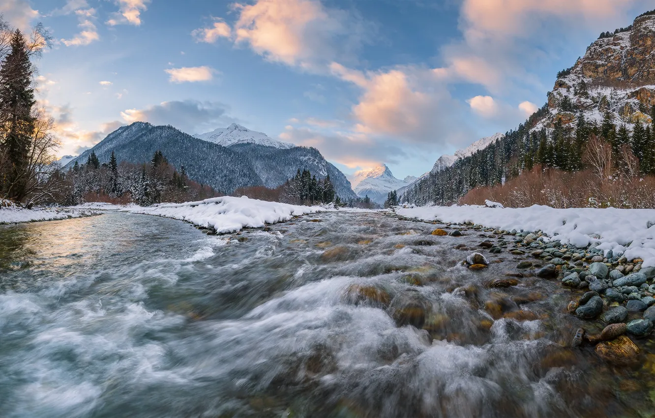 Photo wallpaper winter, forest, mountains, Russia, river, the merger, Dombay, North Caucasus