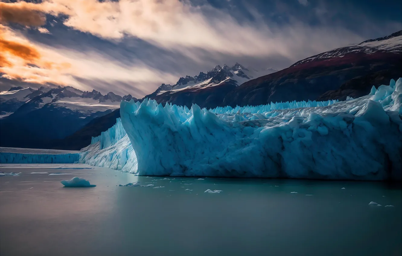 Photo wallpaper ice, winter, clouds, landscape, mountains, nature, rendering, shore