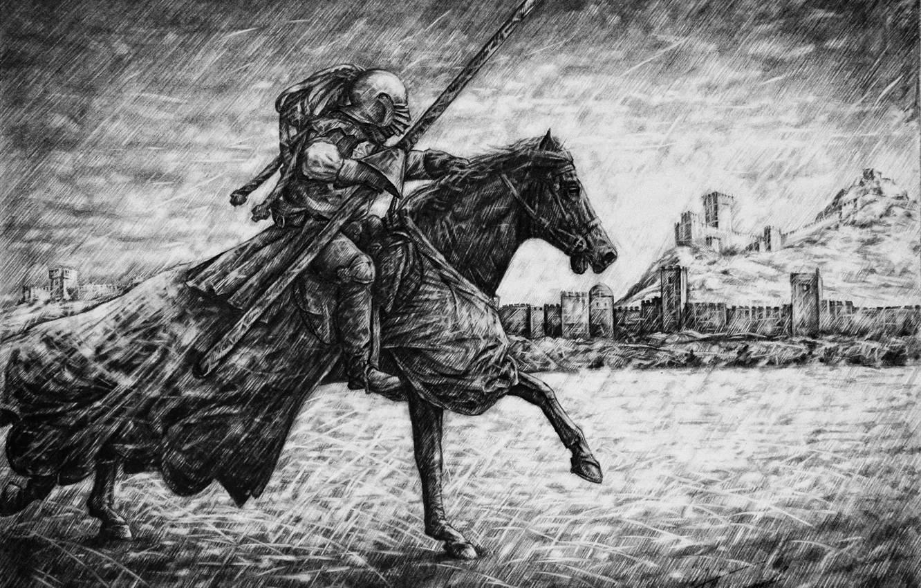 Photo wallpaper horse, figure, graphics, warrior, rider, spear, fortress, knight