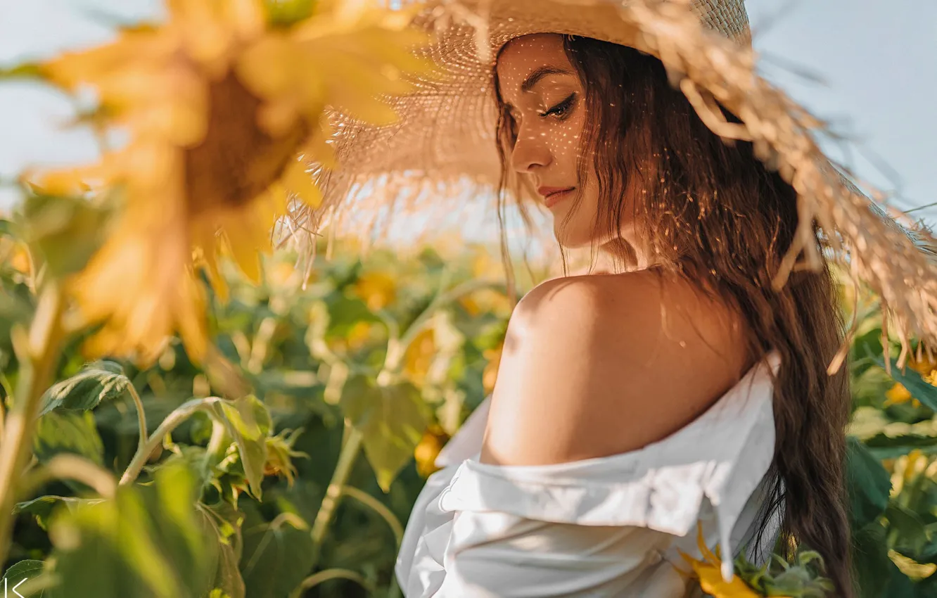Photo wallpaper sky, nature, clouds, women, brunette, shirt, sunflowers, white shirt