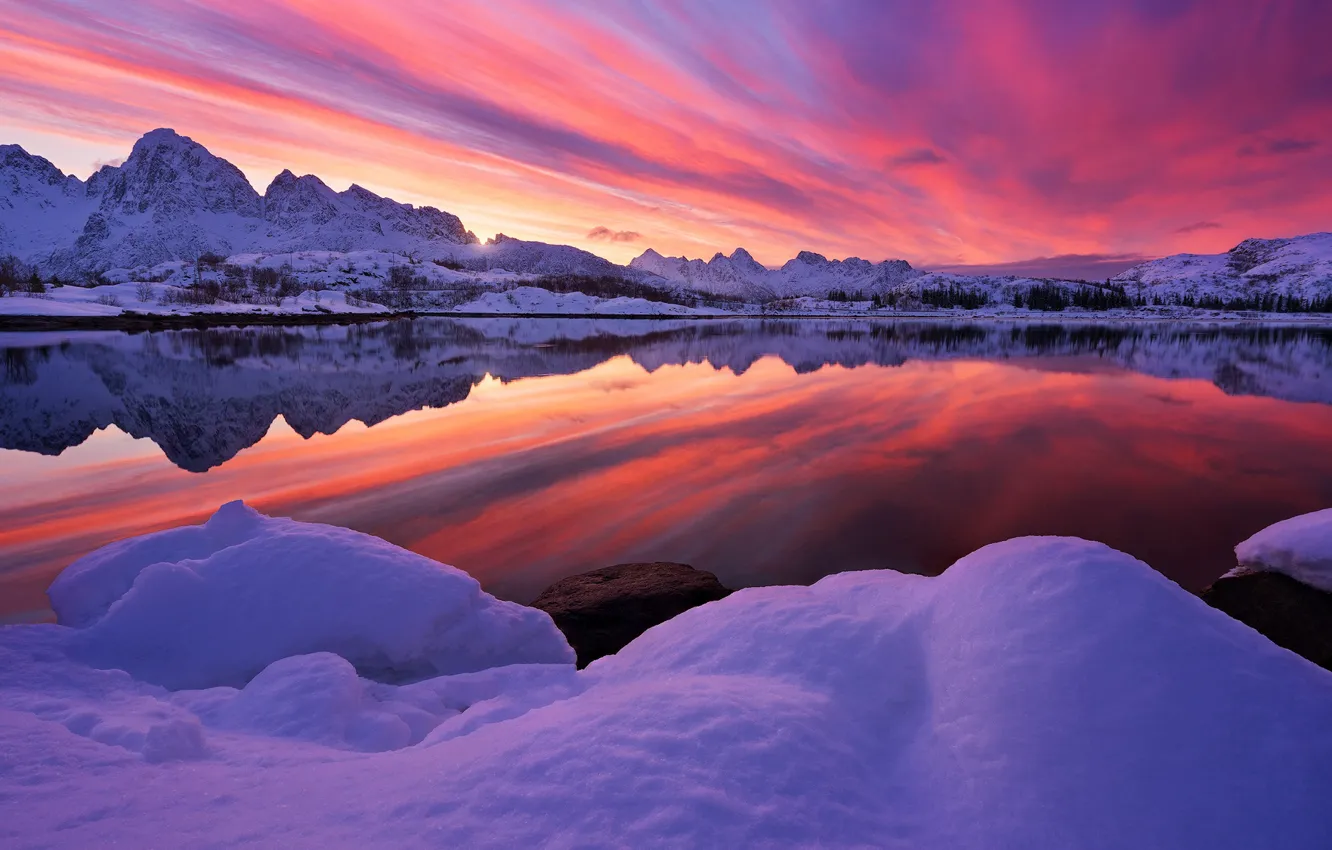 Photo wallpaper winter, the sky, snow, trees, mountains, lake, reflection, glow