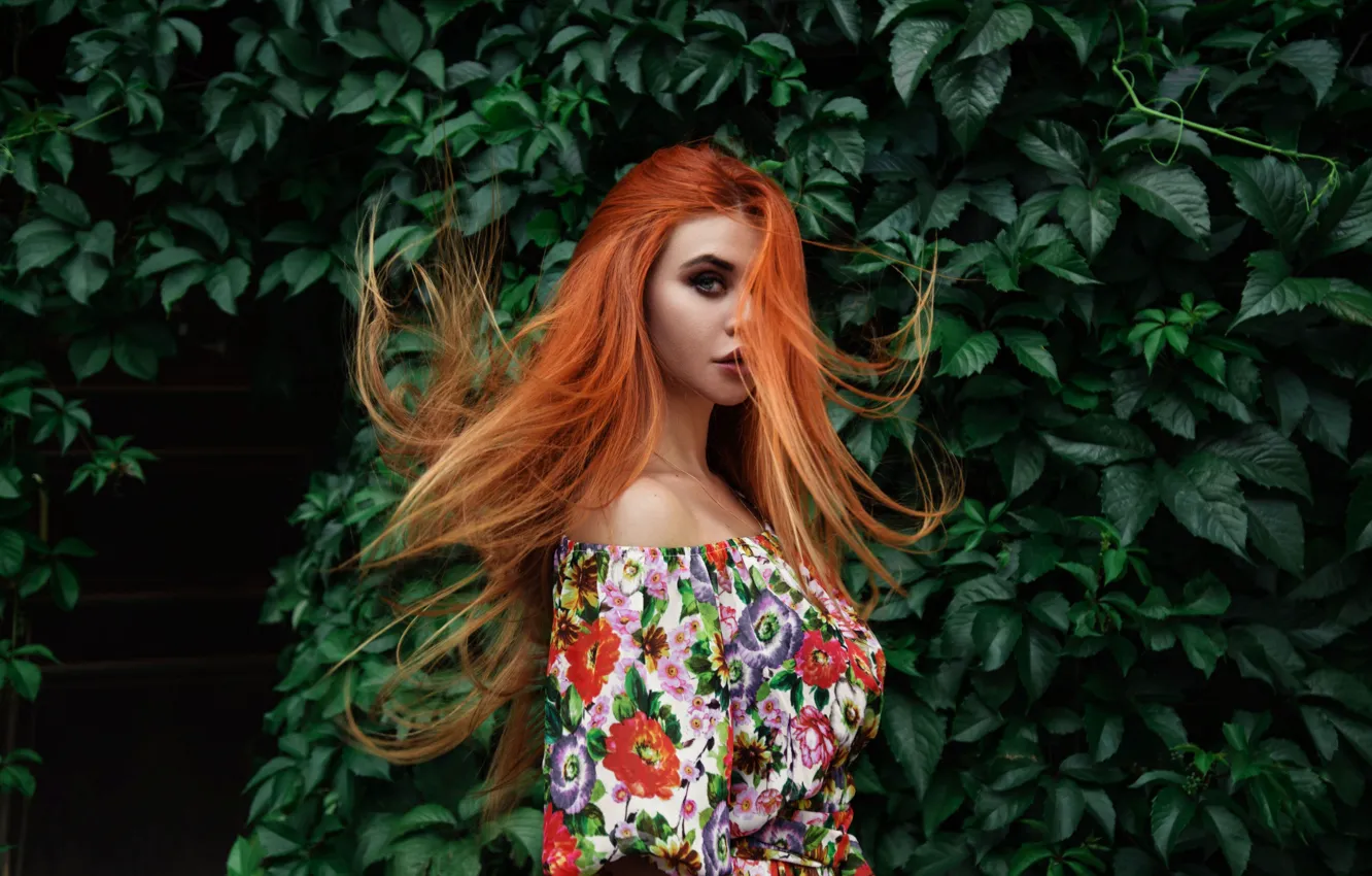 Photo wallpaper leaves, girl, pose, hair, red, Dana Bounty, Alexander Shein