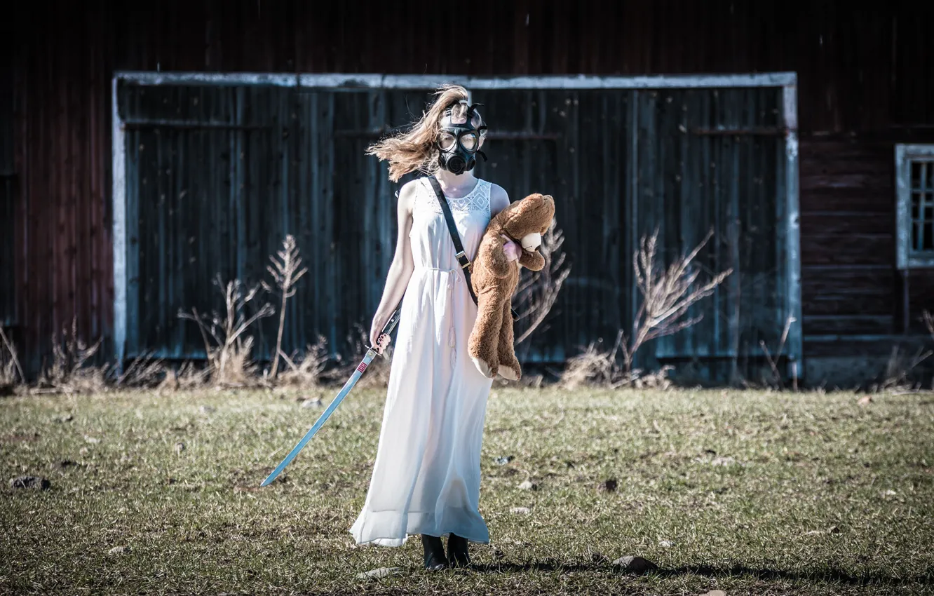 Photo wallpaper girl, sword, bear, gas mask, Apocalypse
