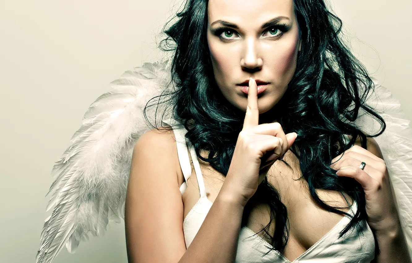 Photo wallpaper chest, face, wings, angel, brunette, fingers, quiet
