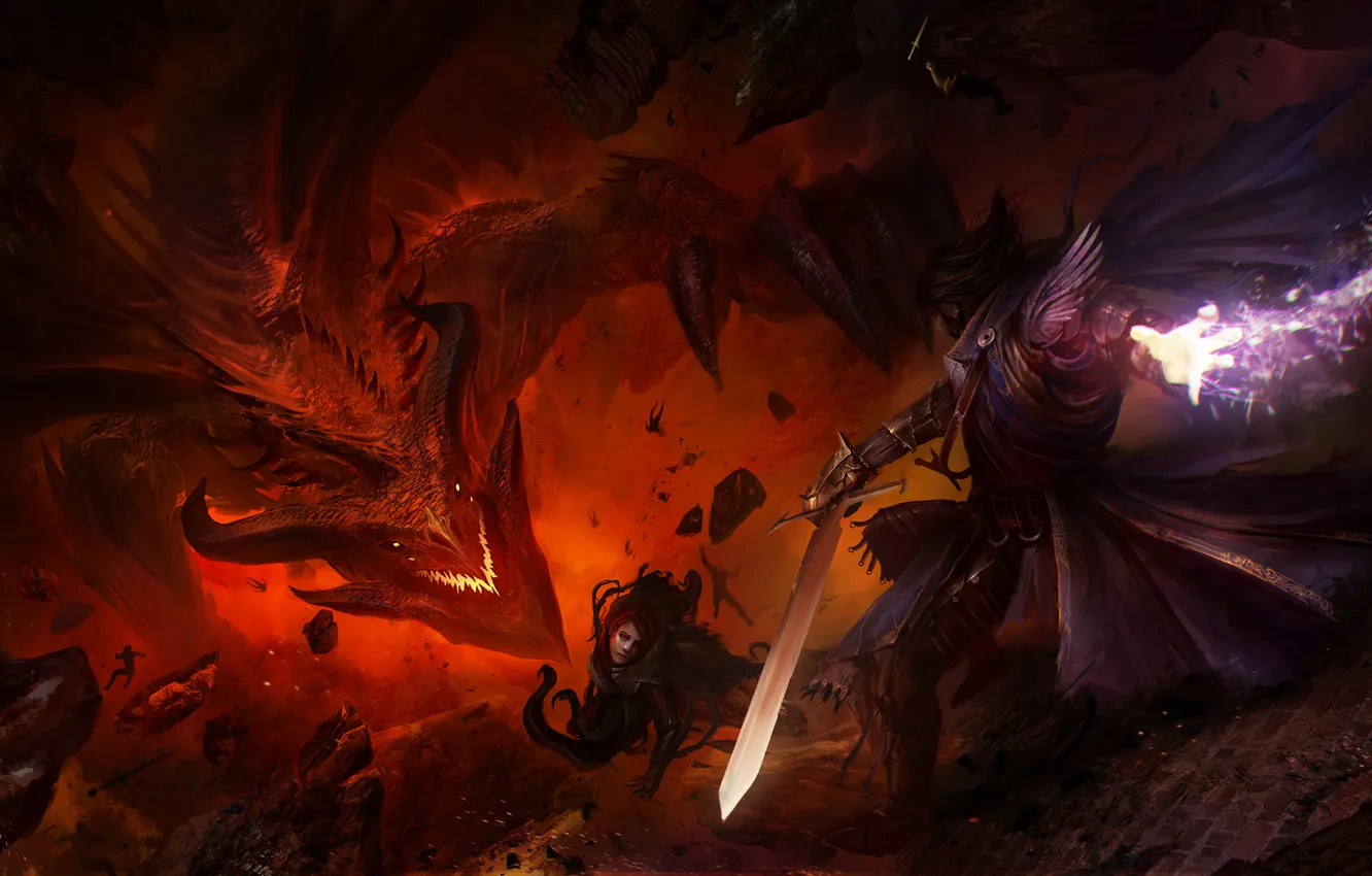 Photo wallpaper lights, darkness, flame, magic, dragon, sword, warrior, horns