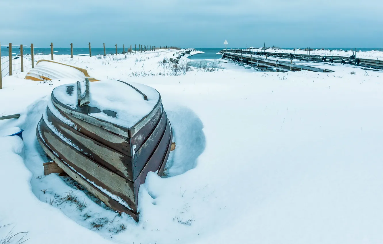 Photo wallpaper winter, sea, snow, landscape, boat