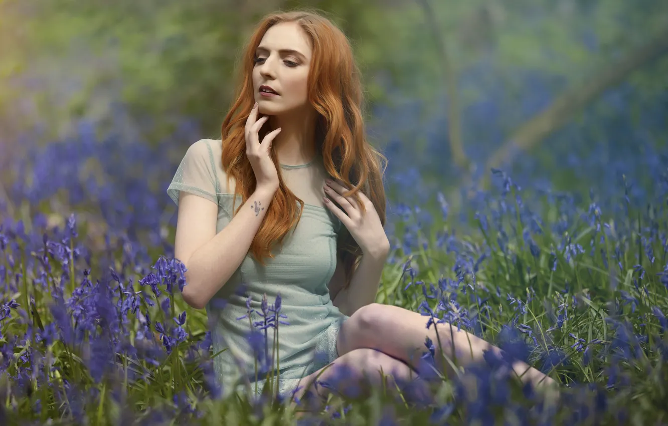 Photo wallpaper girl, meadow, bells, redhead, bokeh