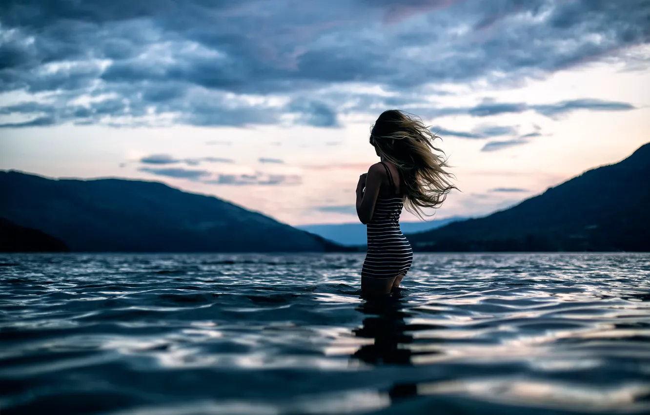 Photo wallpaper wave, water, girl, mountains, the wind