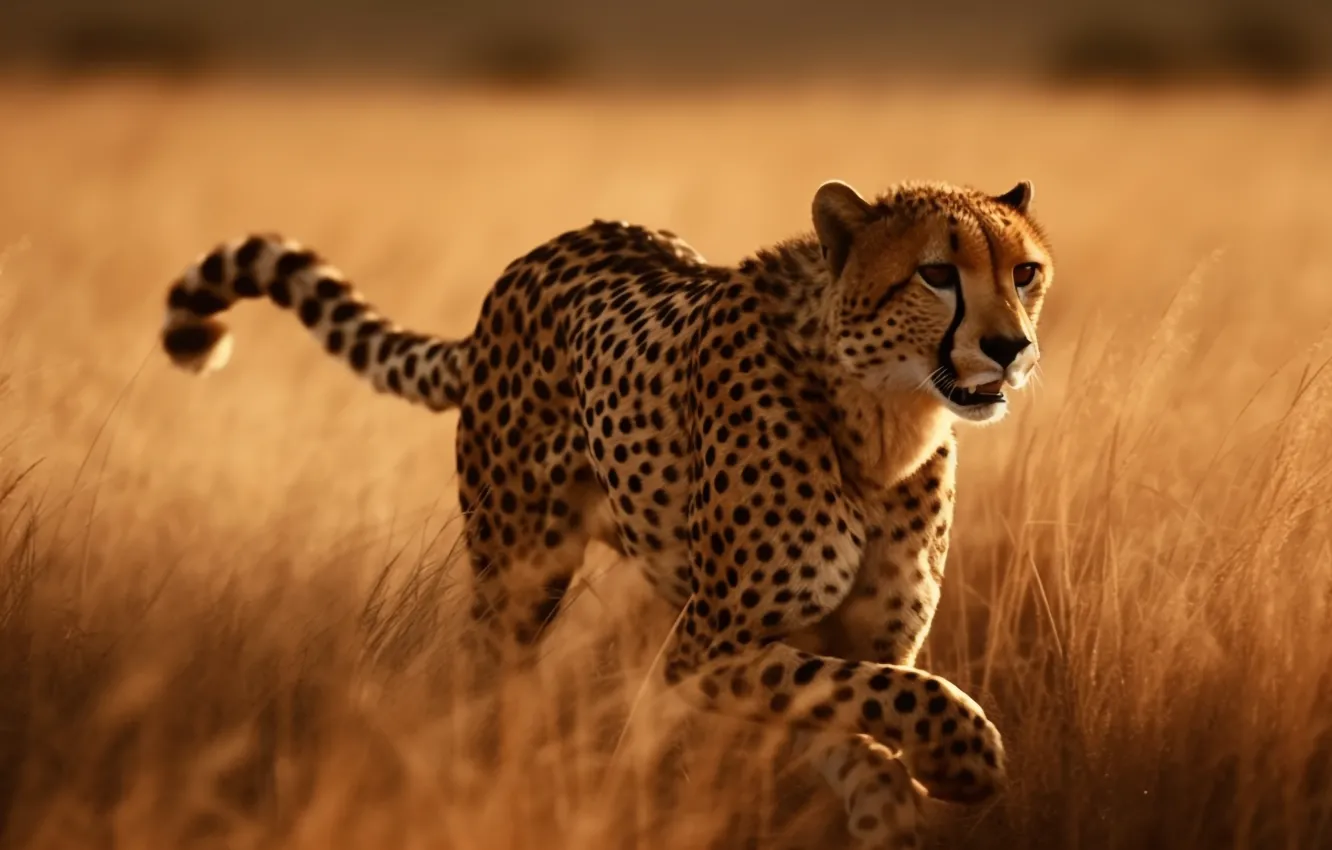 Photo wallpaper grass, predator, Cheetah, Savannah, Africa, big cat, digital art, AI art
