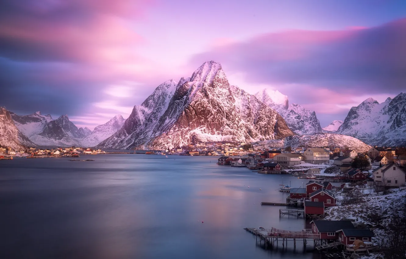 Photo wallpaper winter, mountains, mountain, Norway, town, settlement, the village, the fjord