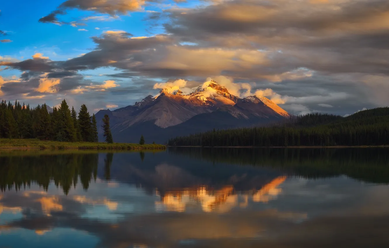 Photo wallpaper forest, the sky, mountains, lake, reflection