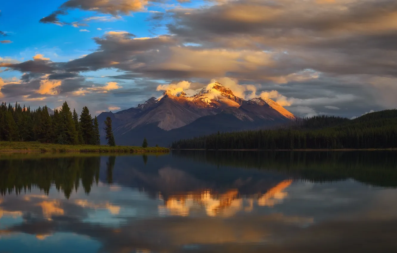 Photo wallpaper forest, the sky, reflection, mountains, lake