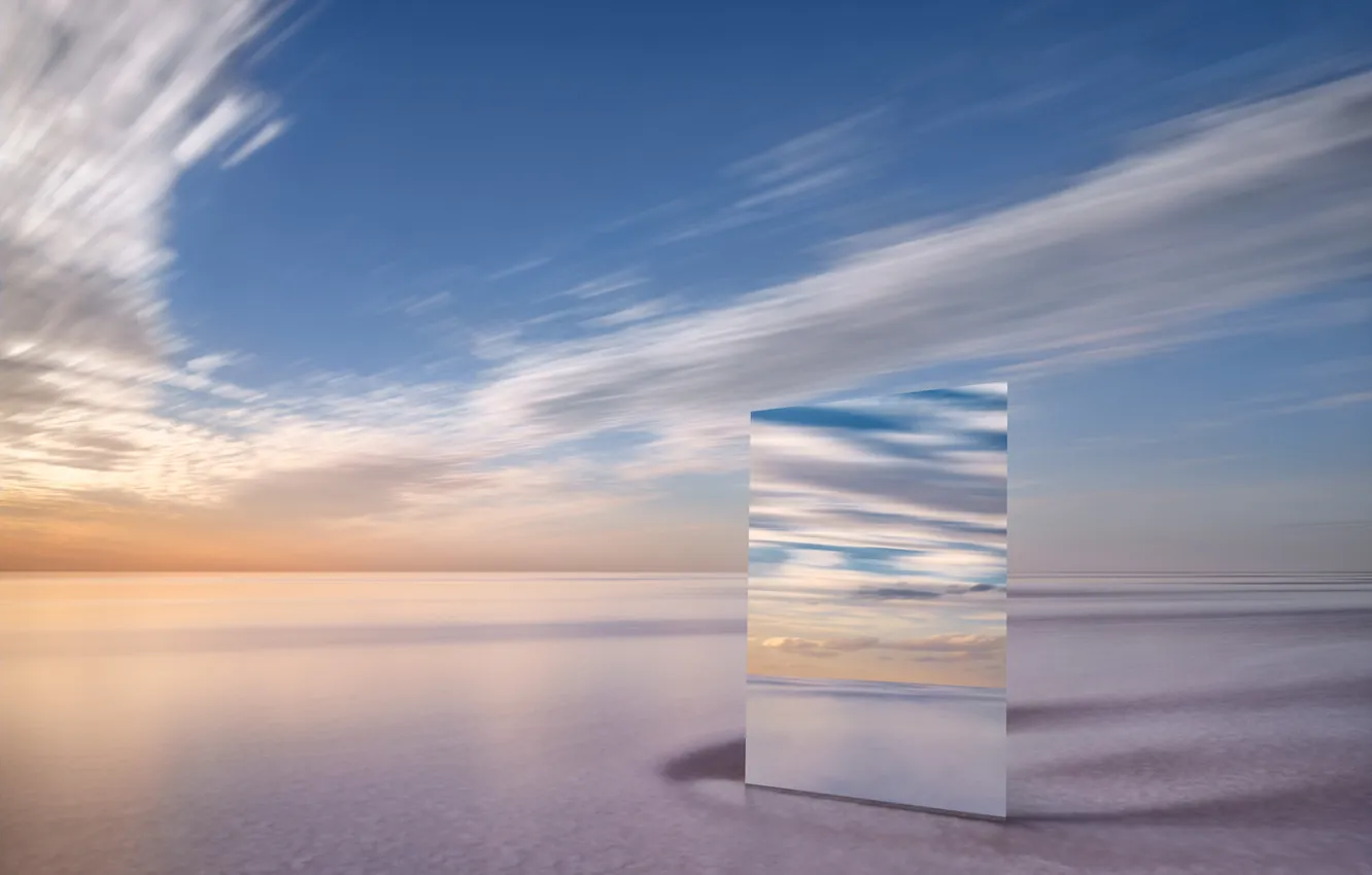 Photo wallpaper the sky, clouds, landscape, nature, reflection, dawn, mirror, horizon