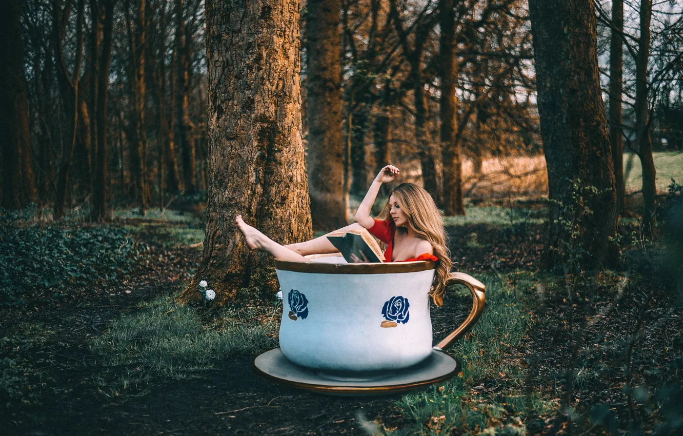 Photo wallpaper forest, girl, Cup, book, Rosie Hardy