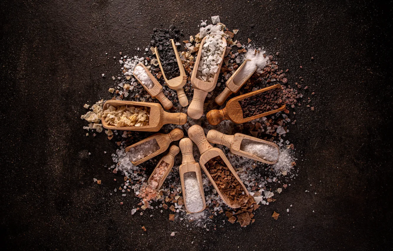 Photo wallpaper Board, placer, different, composition, spices, salt, seasoning, shovel