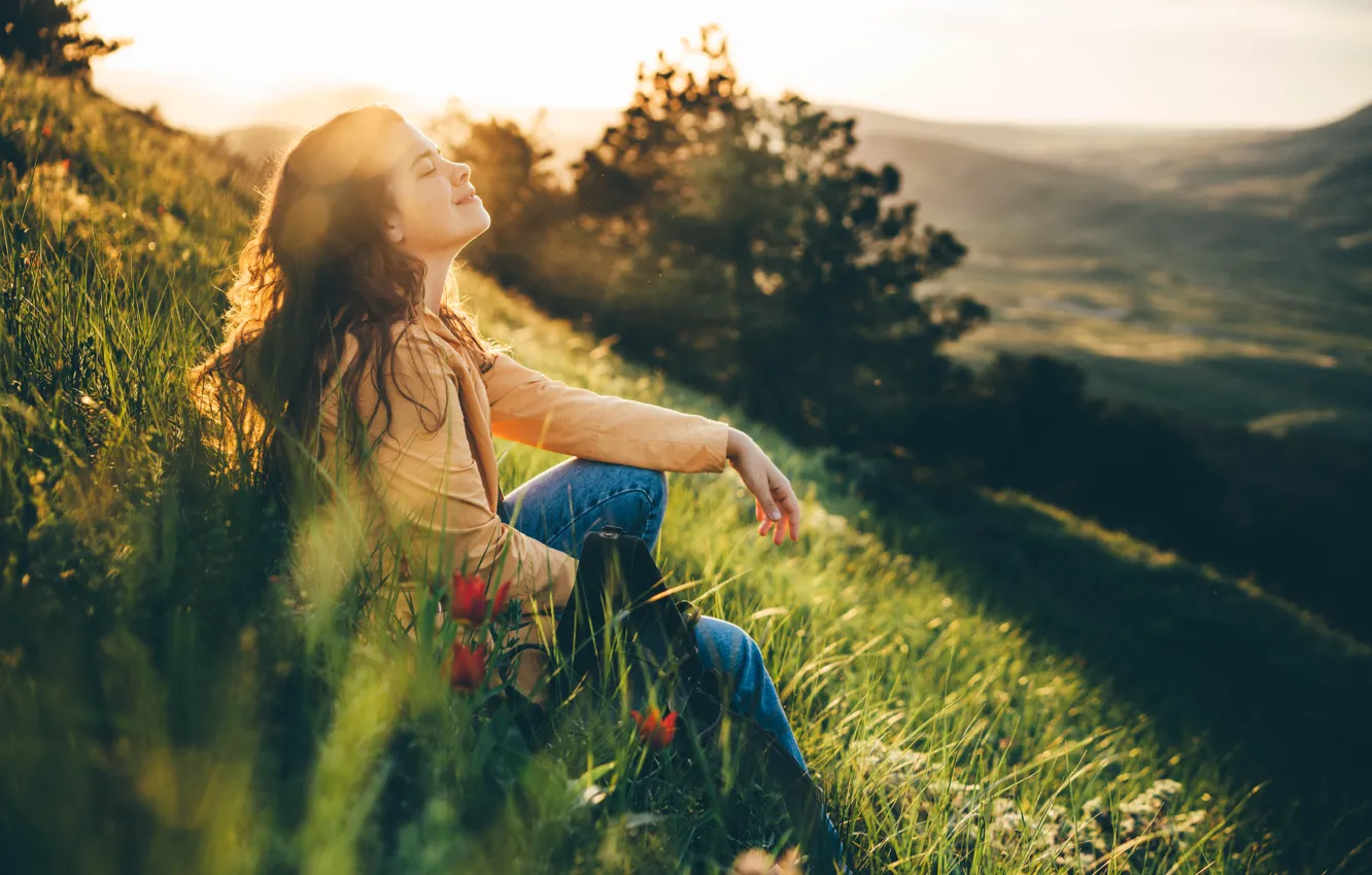 Photo wallpaper grass, girl, smile, spring, meadow, adventure, spring, meadow