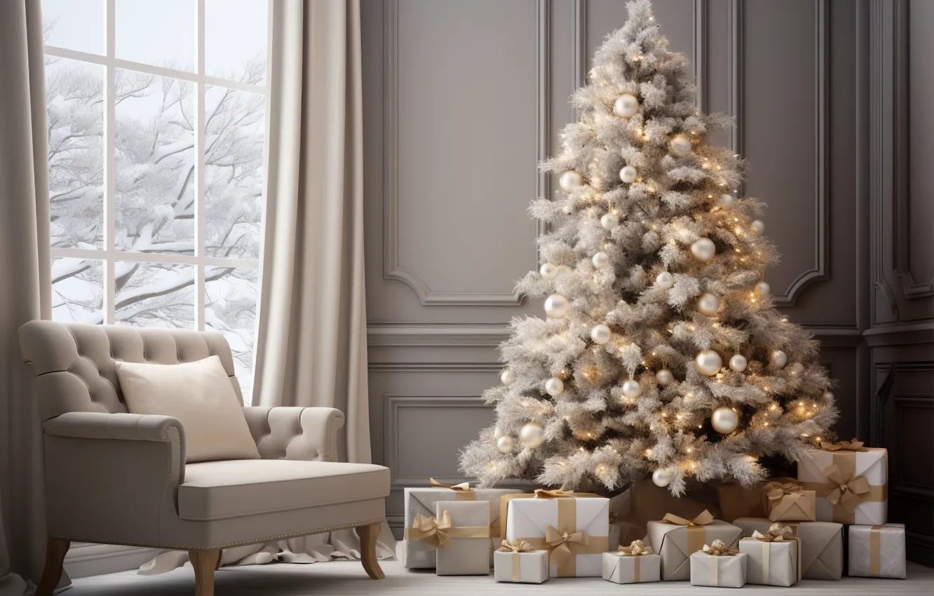 Photo wallpaper decoration, room, sofa, gift, balls, tree, new year, home