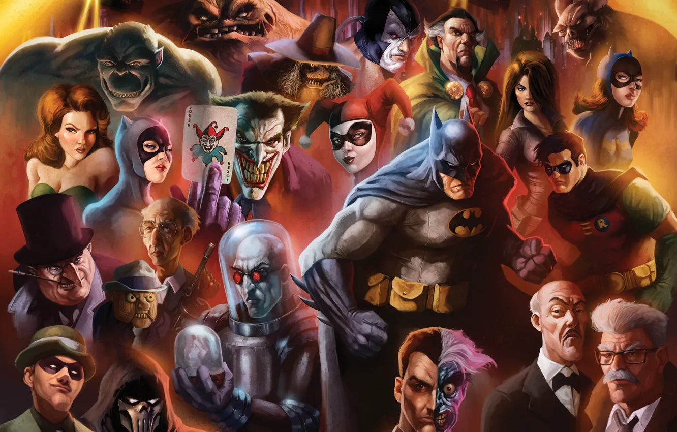 Photo wallpaper art, Batman, characters, Cat woman, Penguin, DC Comics, Robin, Poison Ivy