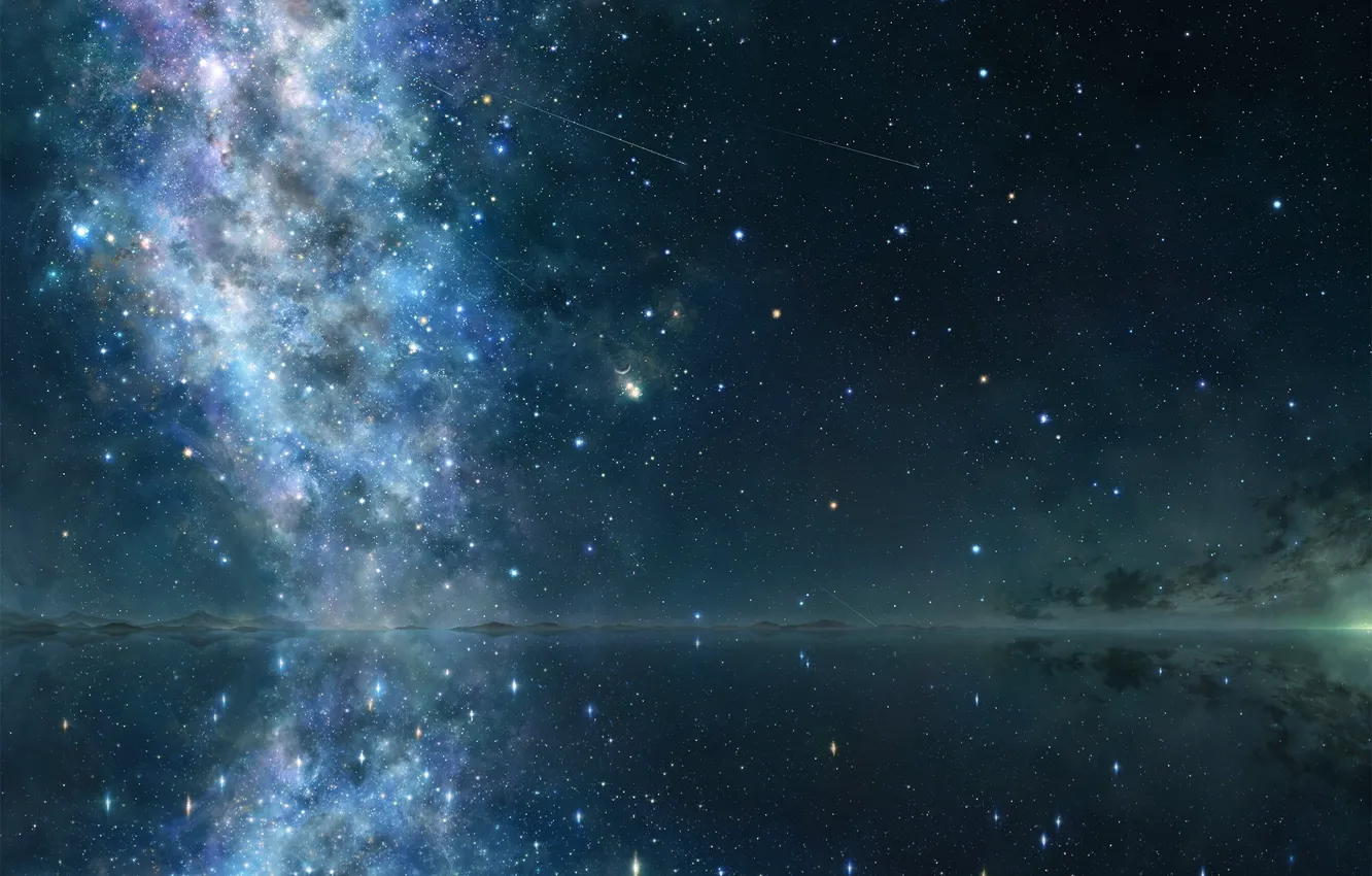 Photo wallpaper stars, night, lake, surface, reflection, art, galaxy, tsujiki