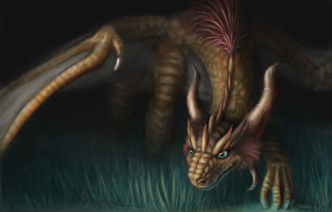 Photo wallpaper grass, water, dragon, art, horns, attention, sneaks