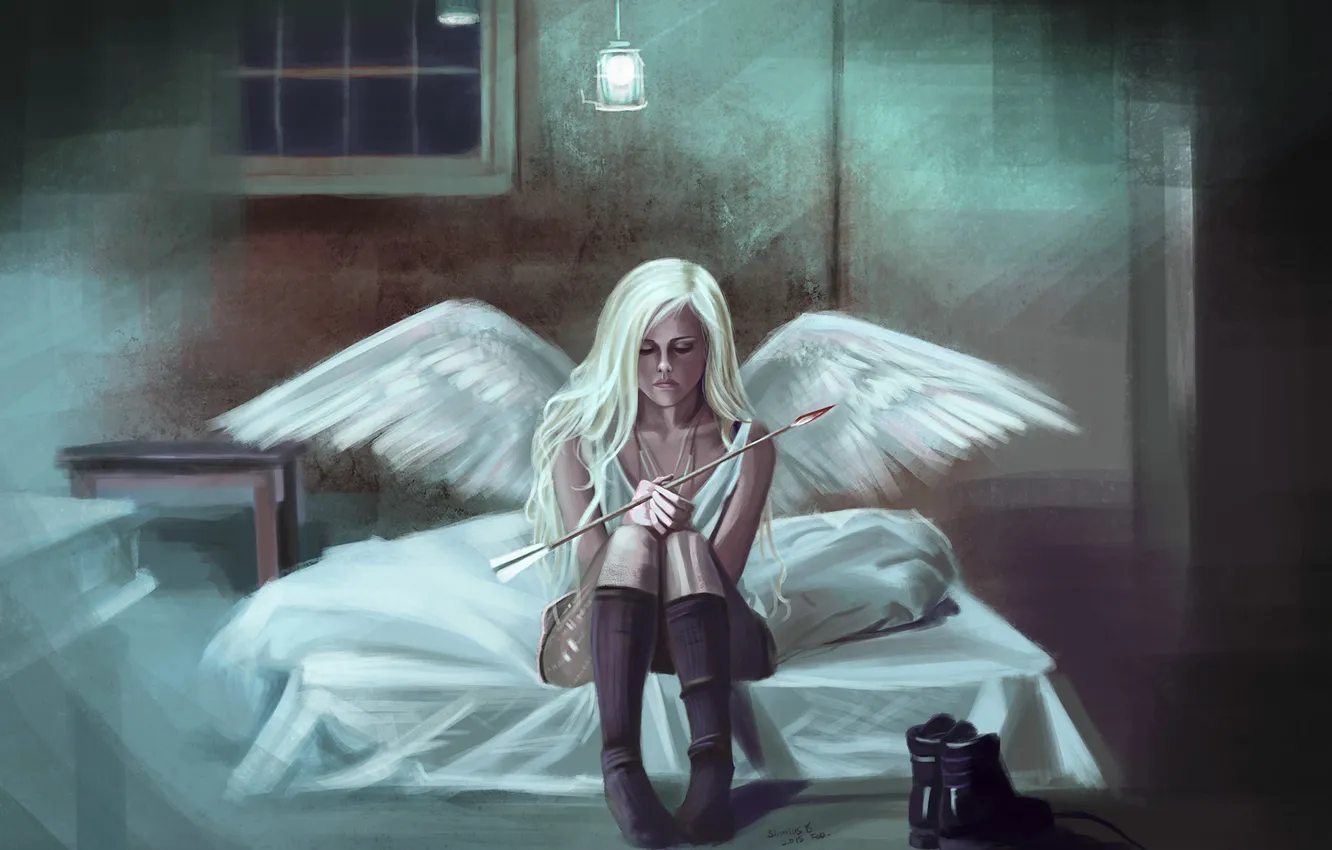 Photo wallpaper girl, fiction, wings, angel, shoes, art, blonde, arrows