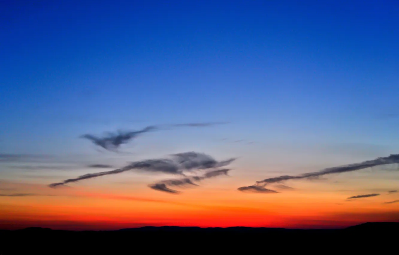 Photo wallpaper the sky, clouds, mountains, horizon, glow