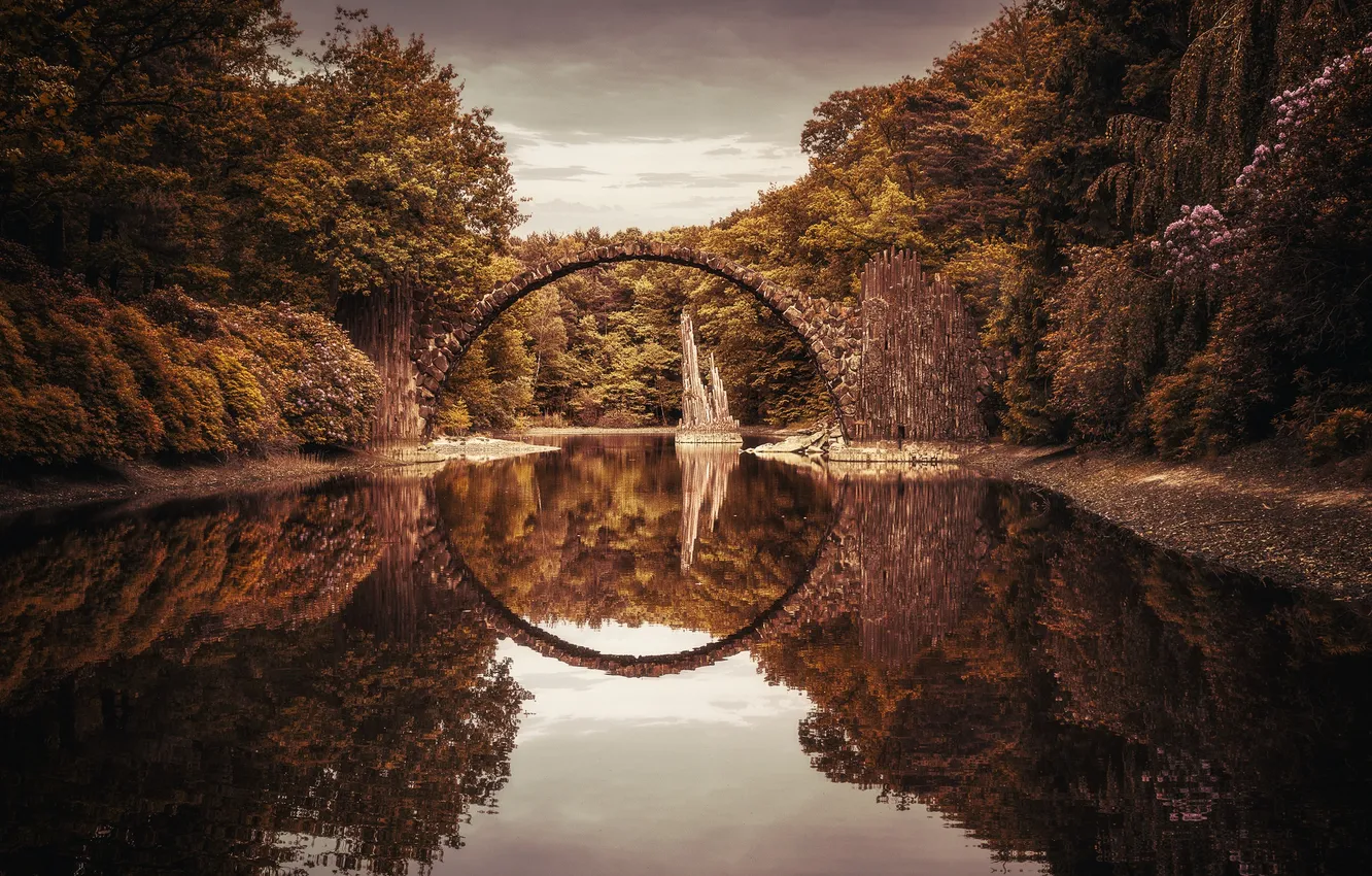 Photo wallpaper autumn, bridge, river