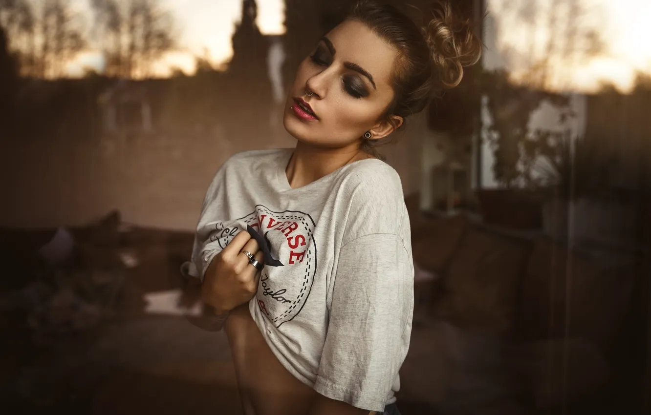 Photo wallpaper glass, girl, decoration, makeup, piercing, t-shirt, hairstyle, brown hair