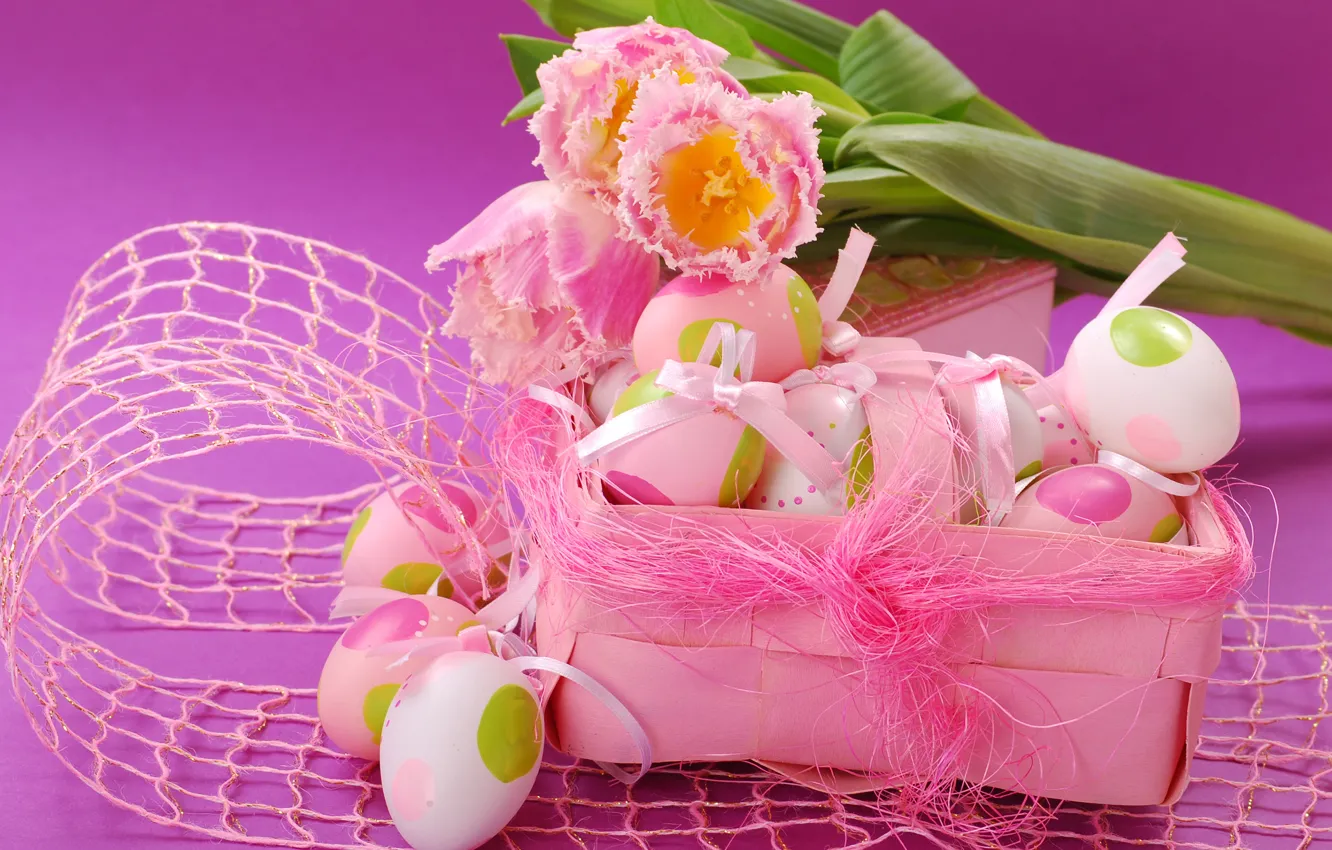 Photo wallpaper pink, eggs, spring, Easter, tulips, flowers, spring, eggs