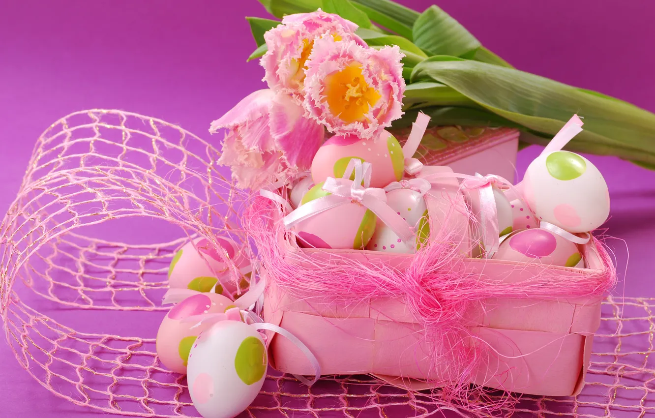 Photo wallpaper eggs, spring, Easter, tulips, pink, flowers, spring, Easter