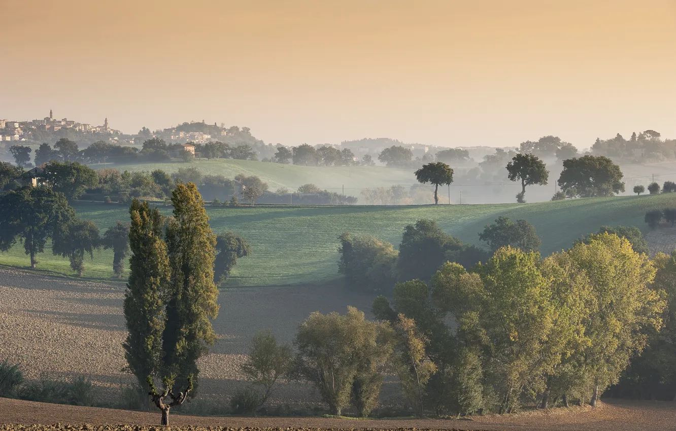 Photo wallpaper the sky, trees, fog, hills, home, morning, Italy