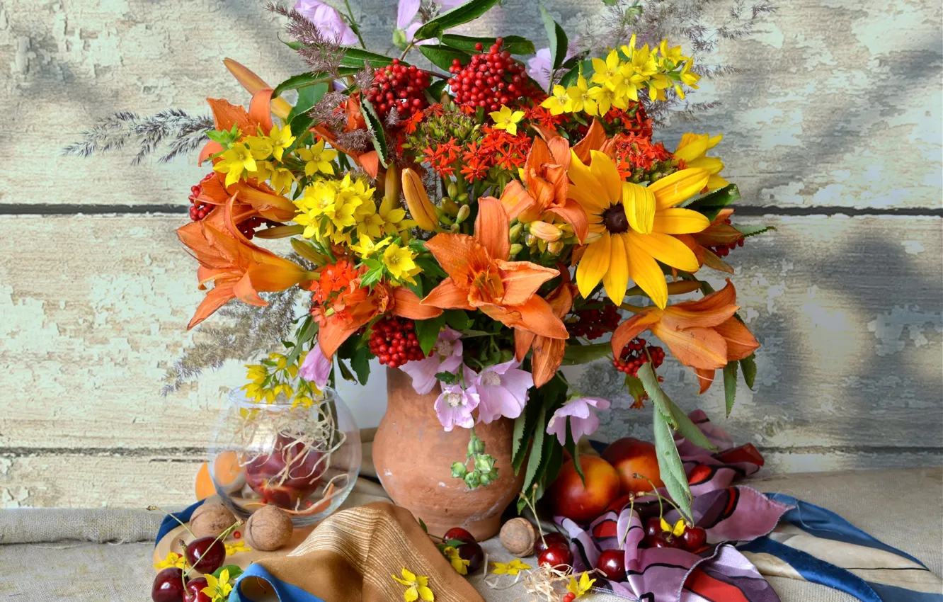 Photo wallpaper summer, bright, cherry, Lily, bouquet, nuts, Rowan, nectarine