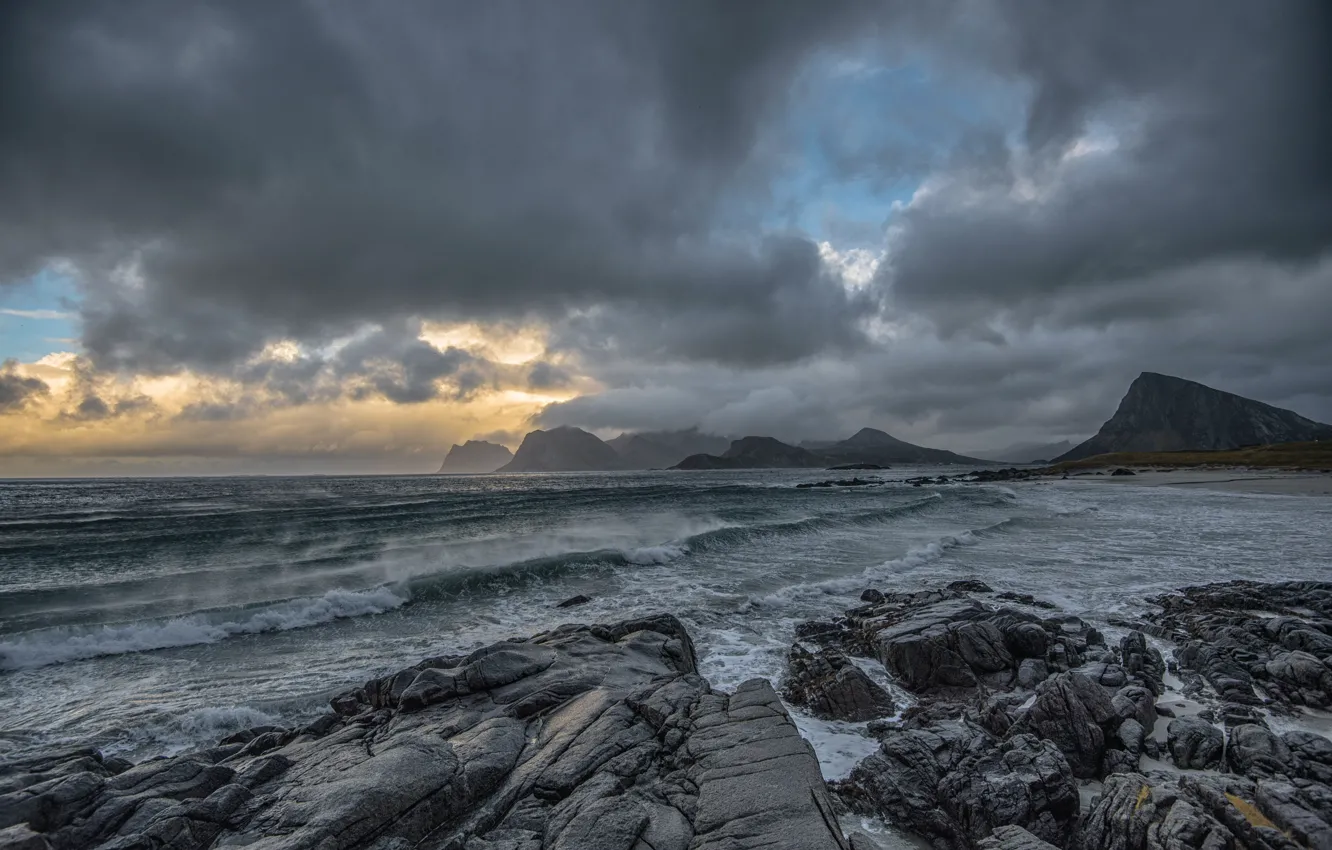 Photo wallpaper sea, wave, clouds, stones, rocks, bad weather