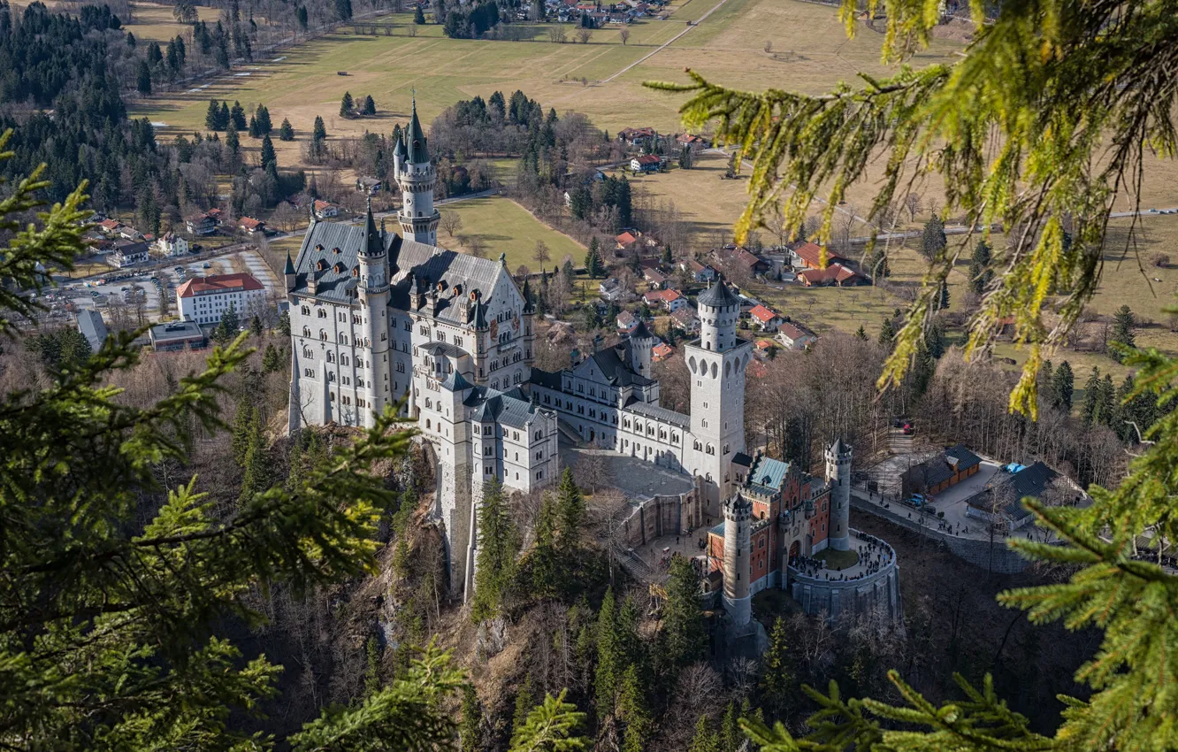 Photo wallpaper castle, Germany, Bayern, Neuschwanstein, panorama, Neuschwanstein, castle