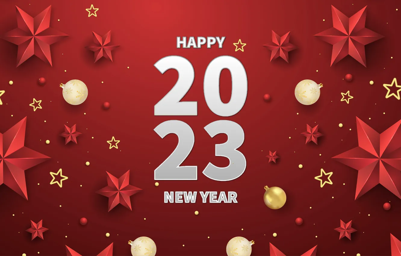 Photo wallpaper stars, balls, red, the inscription, new year, point, figures, gold
