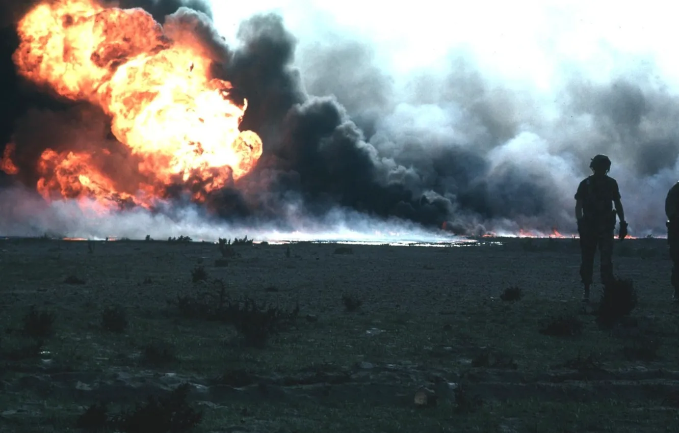 Photo wallpaper smoke, Fire, soldiers, Iraq