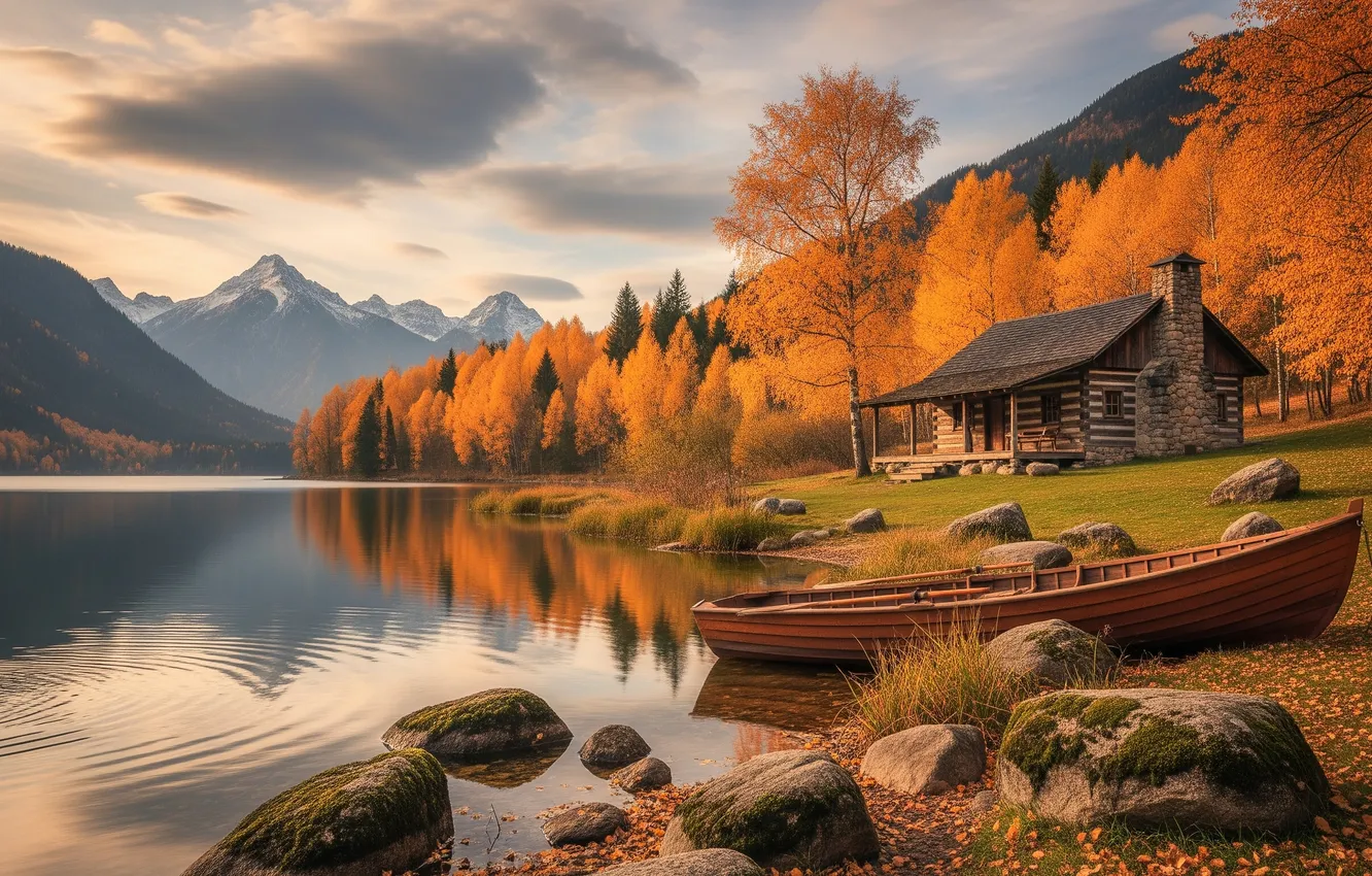 Photo wallpaper autumn, the sky, mountains, lake, boat