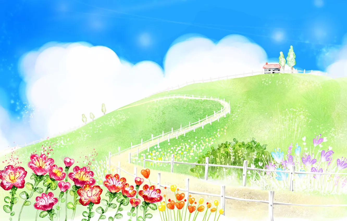 Photo wallpaper road, greens, summer, clouds, flowers, hills, figure, the fence