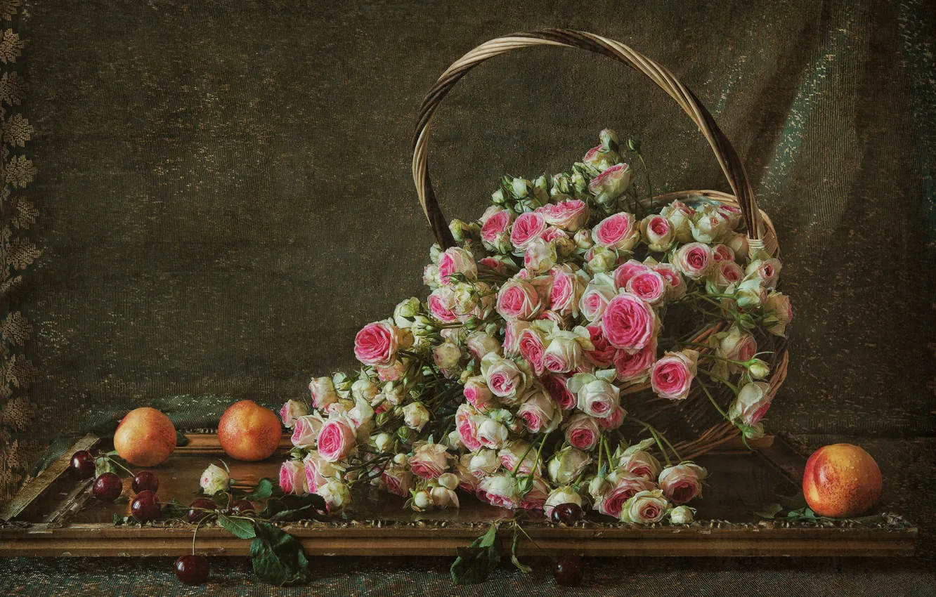 Photo wallpaper basket, roses, still life, basket, buds, cherry, nectarines