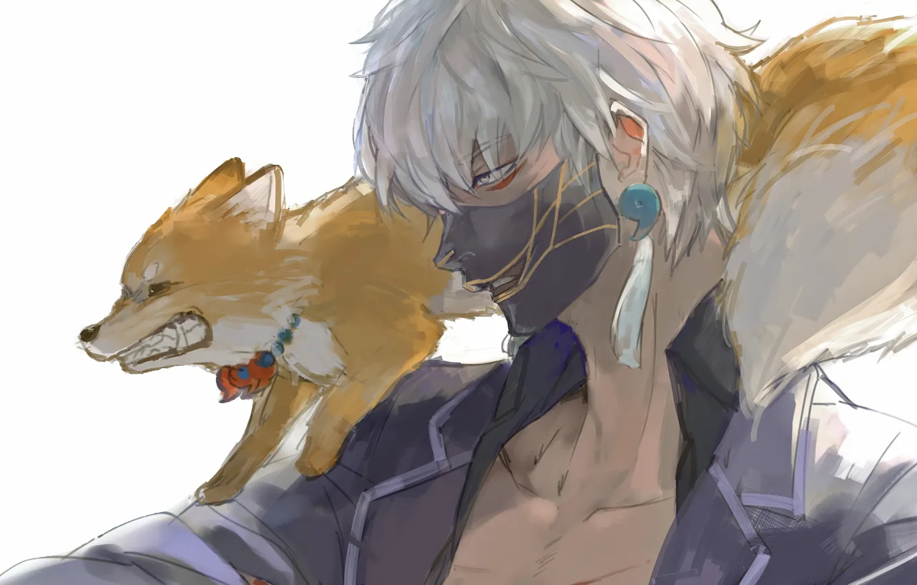 Photo wallpaper anime, mask, art, Fox, guy, Touken ranbu, Dance Of Swords