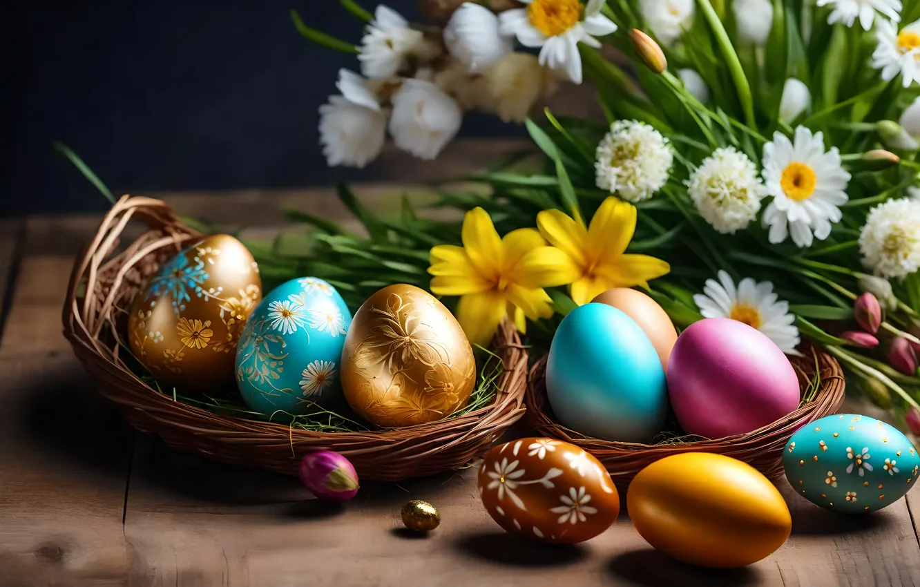 Photo wallpaper flowers, eggs, spring, colorful, Easter, happy, flowers, spring