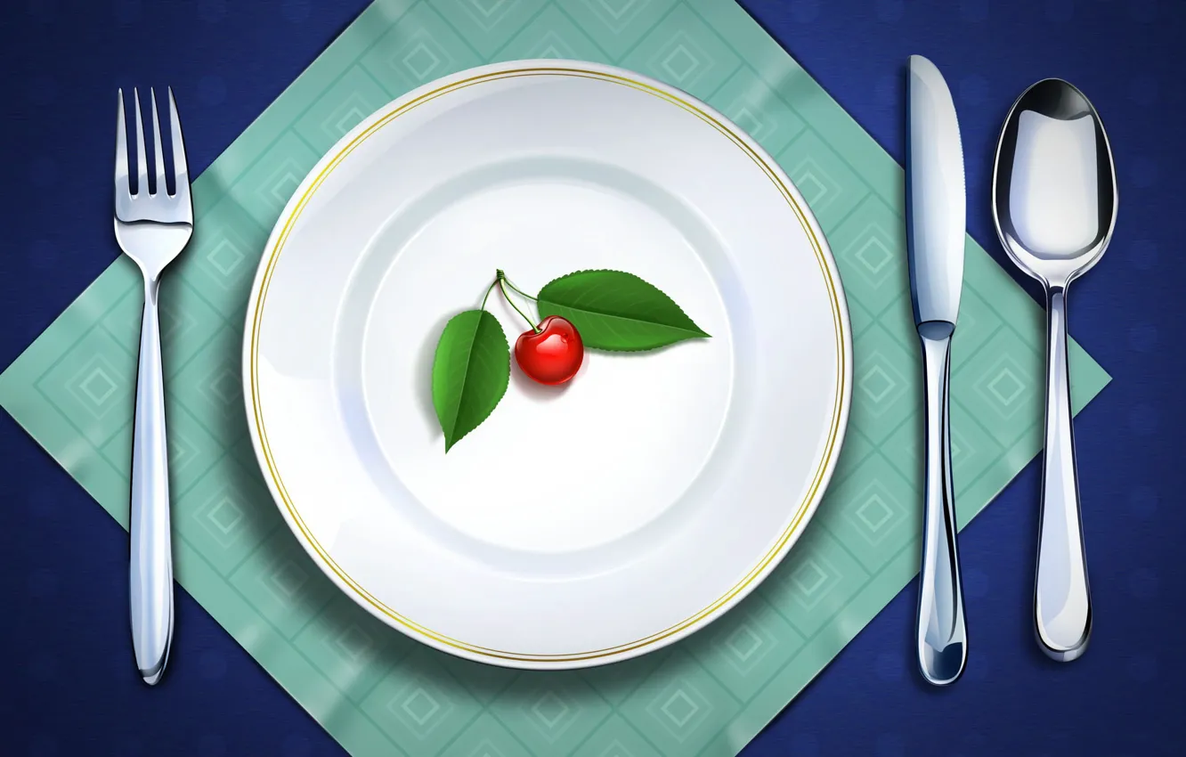 Photo wallpaper cherry, vector, plate, spoon, knife, plug